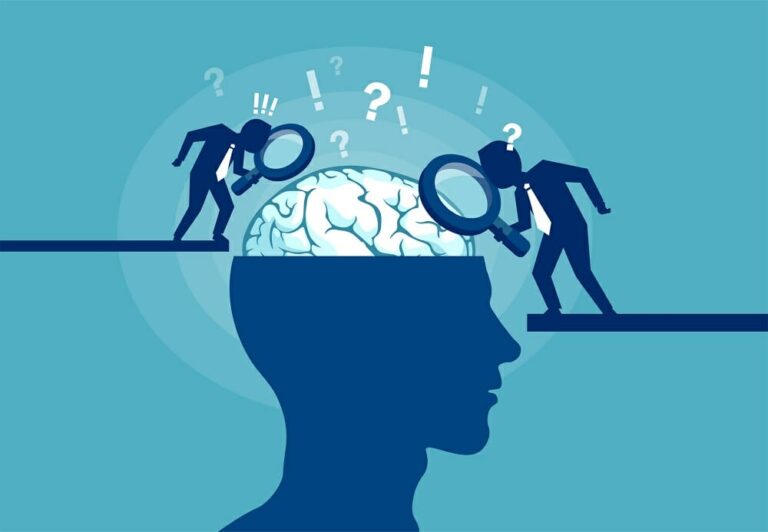 Colorful vector illustration of scientists researching brain and psychology of human on blue background