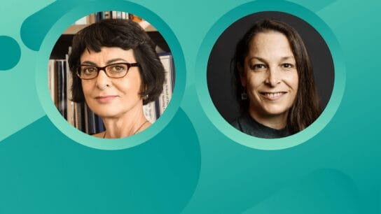 Two photographs in circles on a blue-green background, a photo of Dr Vaccarino on the left and Dr Vella on the right.